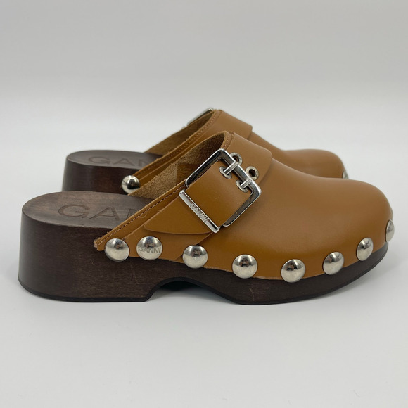 GANNI | Leather Studded Retro Clogs Tiger's Eye Brown Size 38 / US 8 - Picture 4 of 14